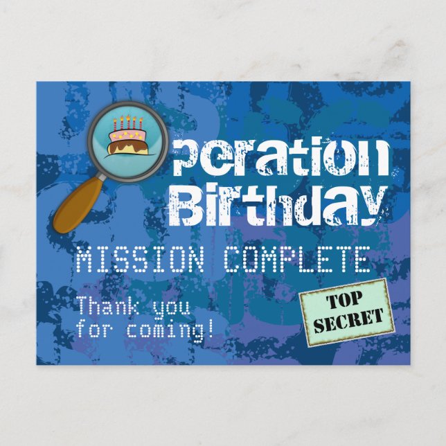 Spy / Secret / Special Agent Birthday Thank You Postcard (Front)