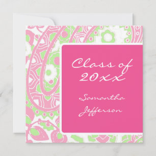 Sqare Pink Green Paisley Graduation/Party Invitation