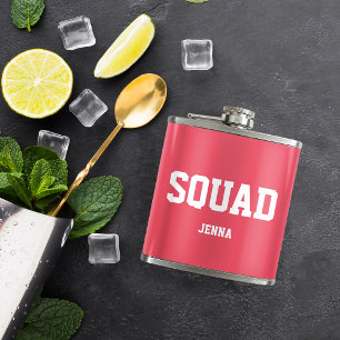 Squad Coral Pink & White Personalized Bridesmaid Hip Flask