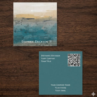 Square abstract blue and gold watercolor business card