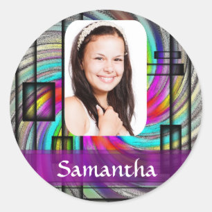 Square abstract photo template classic round sticker