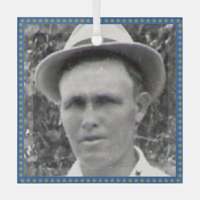 Square Ancestor Photo Blue and Gold Frame Ornament (Front)