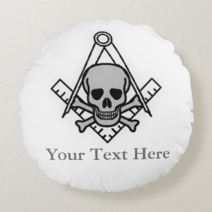 Square and Compass with Inset Skull Round Cushion