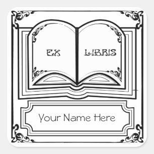 Square Art Deco Bookplate Ex Libris in Black Square Sticker