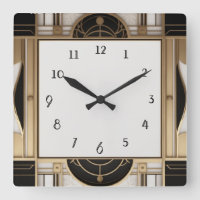 Square Art Deco Clock in Black White and Gold