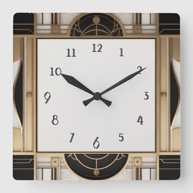 Square Art Deco Clock in Black White and Gold (Front)