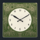 Square Art Deco Clock in Dark Green and Gold<br><div class="desc">art deco clock, art nouveau clock, gold cream, 1920s square, stylish sophisticated 1920 style, retro vintage antique, old fashioned fancy, faux golden line art, simple minimalist square clock, minimal elegant pattern design</div>
