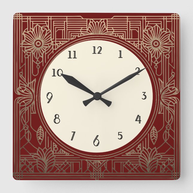 Square Art Deco Clock in Dark Red and Gold (Front)