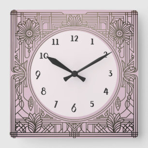Square Art Deco Clock in Pink