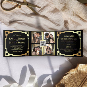 Square Art Deco Frame Black Gold QR Code Wedding Tri-Fold Invitation