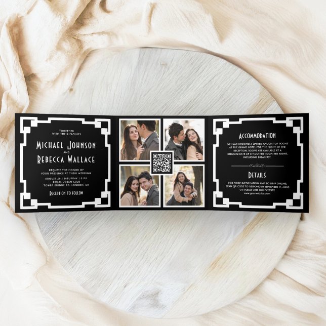 Square Art Deco Frame Black White QR Code Wedding Tri-Fold Invitation (Creator Uploaded)