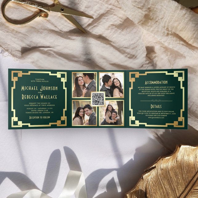 Square Art Deco Frame Emerald Gold QR Code Wedding Tri-Fold Invitation (Creator Uploaded)