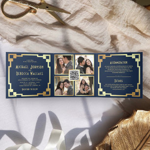 Square Art Deco Frame Navy Gold QR Code Wedding Tri-Fold Invitation