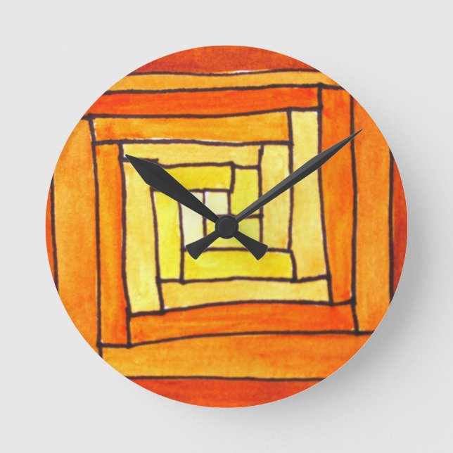 square Art Deco yellow retro pattern Round Clock (Front)