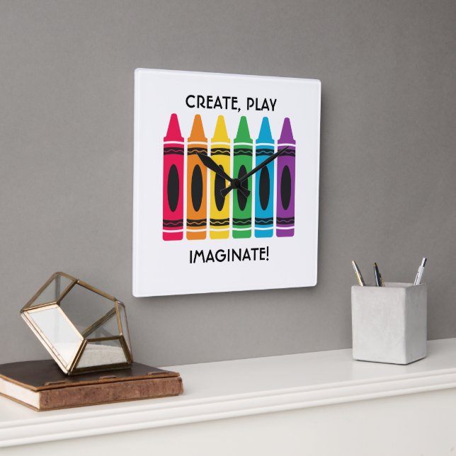 Square Art Room Clock with Colourful Crayons Centr (Office)