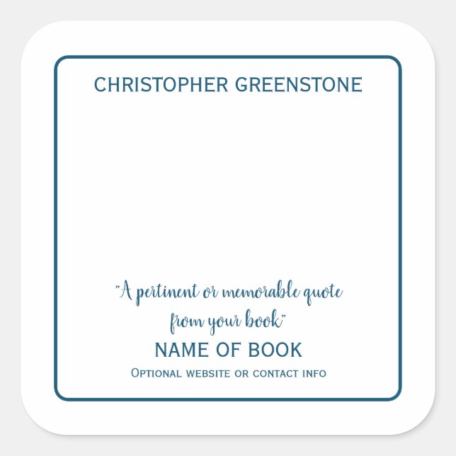 Square Author Signature Blue Bookplate Sticker (Front)