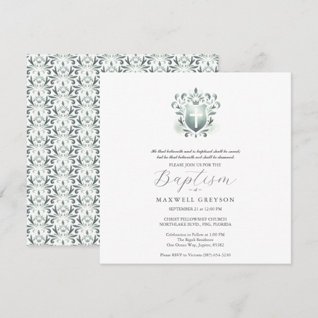 Square Baptism Invitations Sage Green Crest (Front/Back)