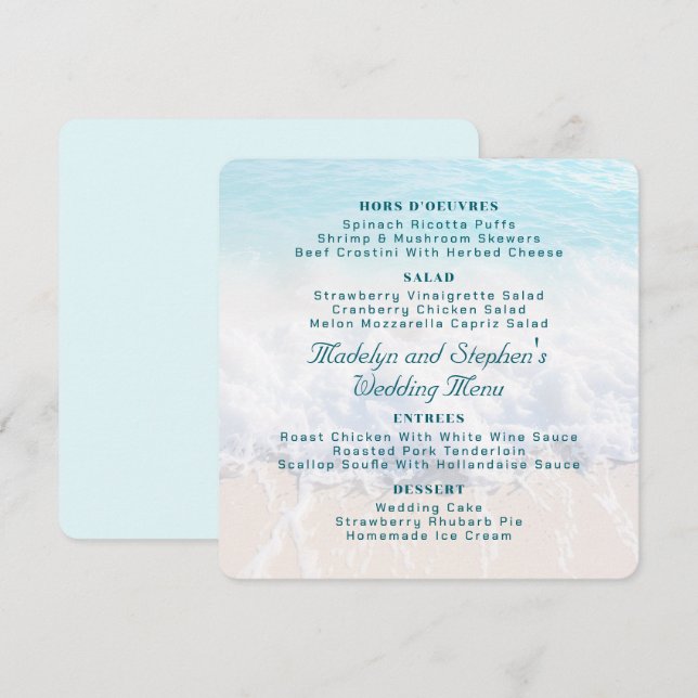 Square Beach Background Wedding Menu Template (Front/Back)