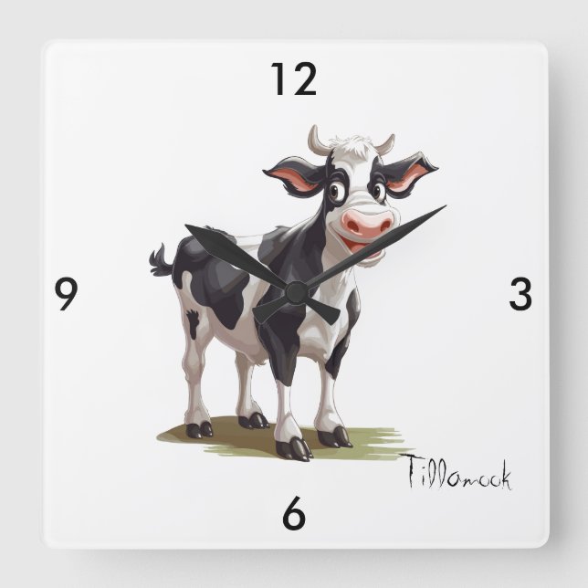 Square Black and White Cow Clock (Front)