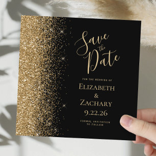 Square Black Gold Glitter Save the Date Announcement
