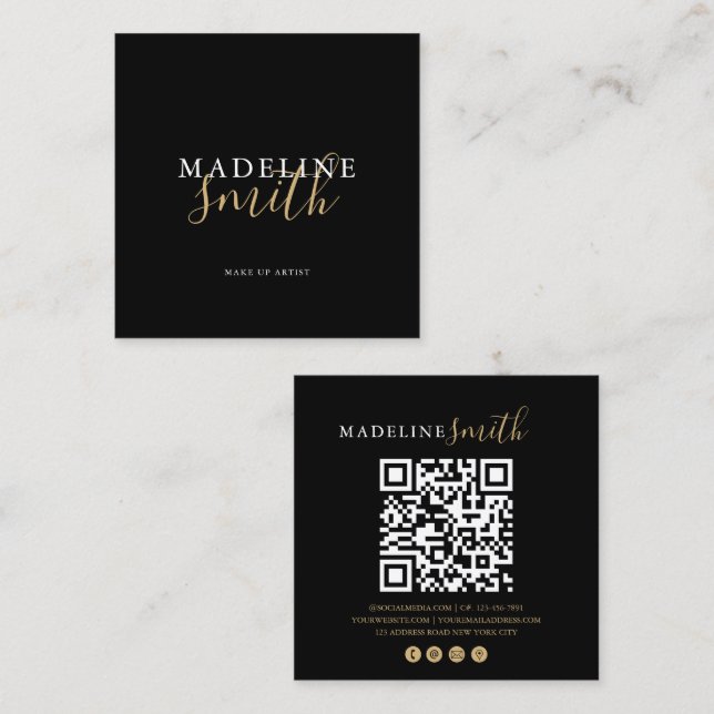 Square Black Gold Script QR code Business Card (Front/Back)