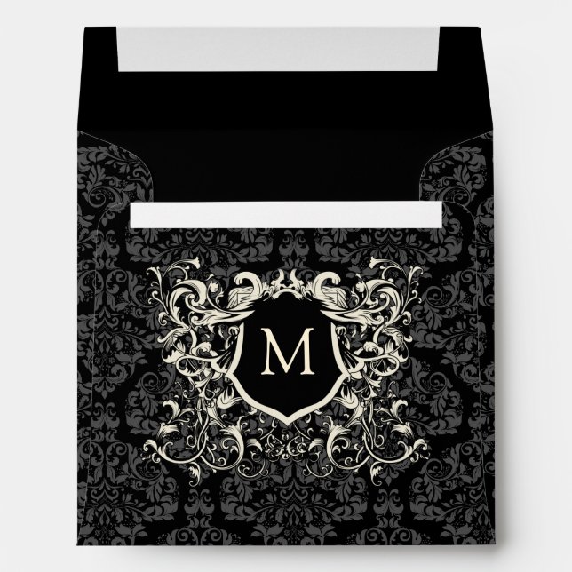 Square Black Grey Grey Damask Monogram Envelopes (Back (Bottom))