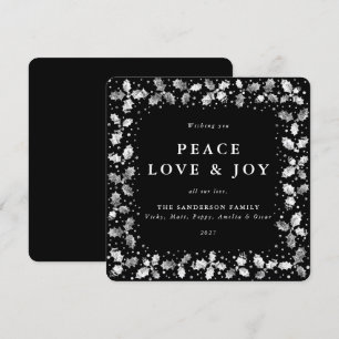 Square Black Hand Printed Holly Peace Love + Joy Holiday Card