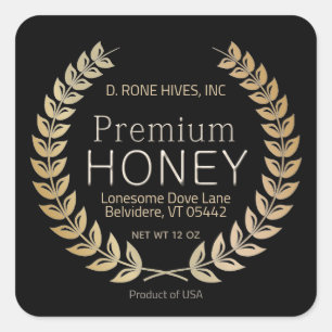 Square Black Honey Label Gold Laurel Wreath Border