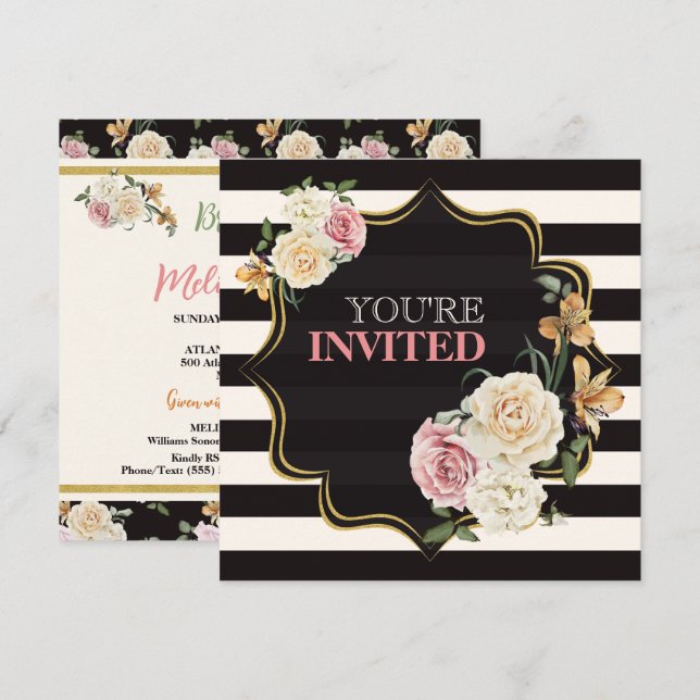 Square Black, Ivory Stripes, Florals Bridal Shower Invitation (Front/Back)