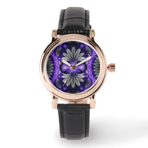 Square black leather watch w/purple fractal face