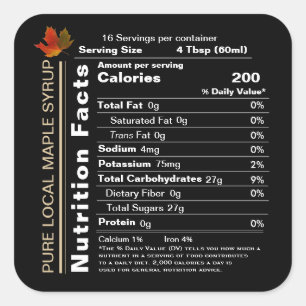 Square Black Maple Syrup Nutrition Facts with Leaf Sticker