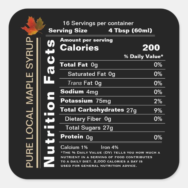 Square Black Maple Syrup Nutrition Facts with Leaf Sticker (Front)