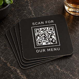 Square Black Scan For Our Menu QR Code Paper Coaster