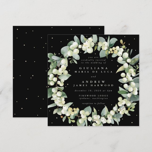 Square Black Snowberry + Eucalyptus Wreath Wedding Invitation (Front/Back)