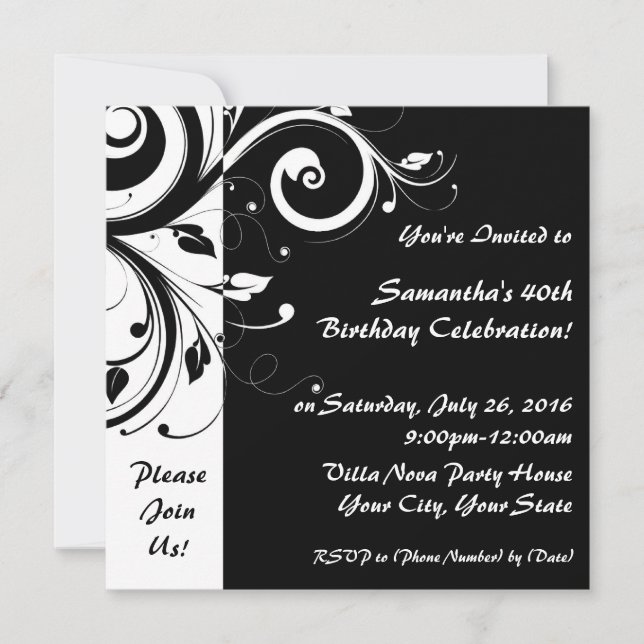 Square Black+White Reverse Swirl Party Invitations (Front)