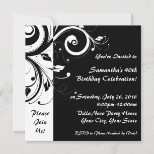 Square Black+White Reverse Swirl Party Invitations