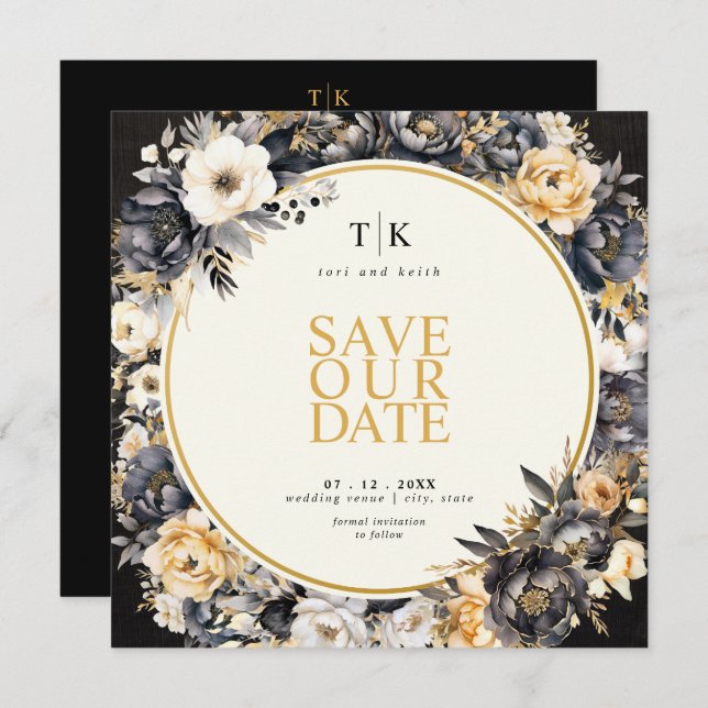 Square Black & White with Gold Moody Save The Date (Front/Back)