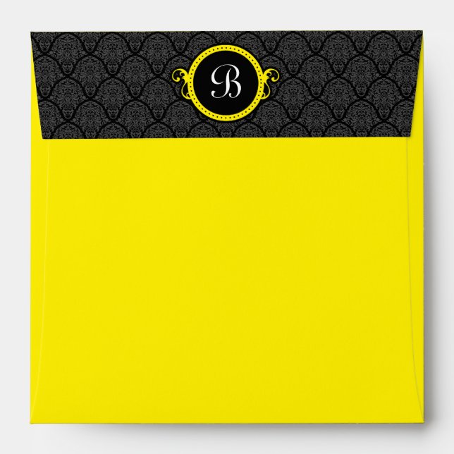 Square Black Yellow Damask Flap Monogram Envelopes (Back (Top Flap))