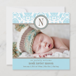Square Blue Damask   Birth Announcement