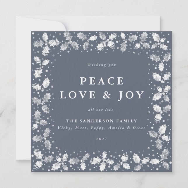 Square Blue Hand Printed Holly Peace Love + Joy Holiday Card (Front)