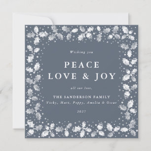 Square Blue Hand Printed Holly Peace Love + Joy Holiday Card