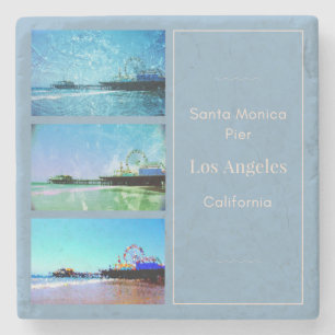 Square Blue Santa Monica Pier Collage Stone Coaster