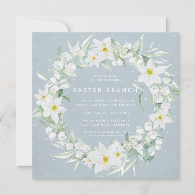 Square Blue + White Floral Wreath Easter Brunch Invitation (Front)