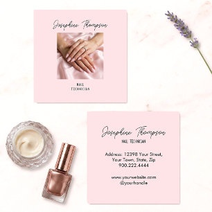 Square Blush Pink Nail Technician Photo Business Card