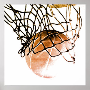 Square Brown Basketball Ball & Net Print Poster