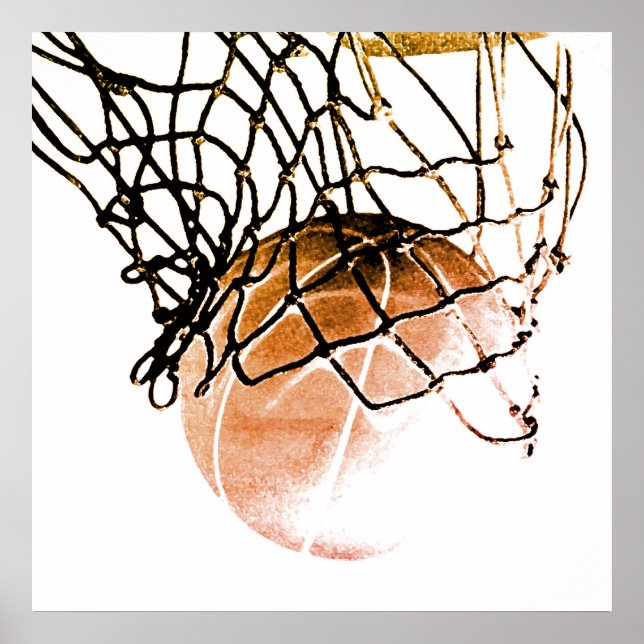 Square Brown Basketball Ball & Net Print Poster (Front)