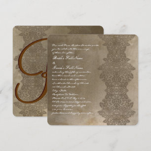 Square Brown Vintage Damask Wedding Invitation