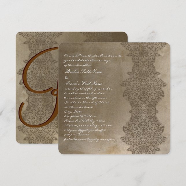 Square Brown Vintage Damask Wedding Invitation (Front/Back)