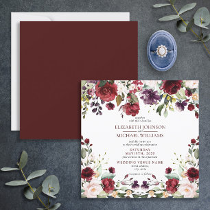 Square Burgundy Watercolor Floral Drop Invitation