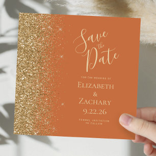 Square Burnt Orange Gold Glitter Save the Date Announcement